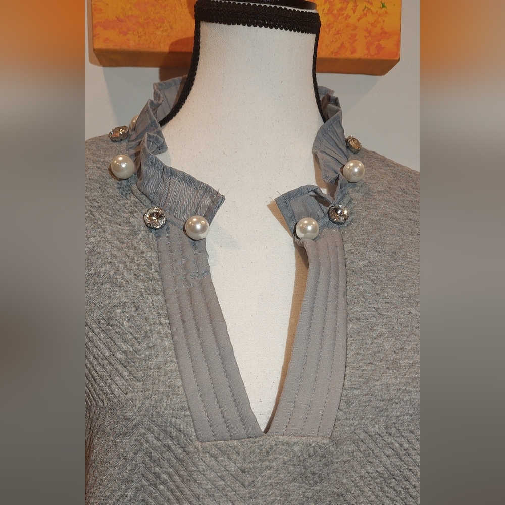 Elegant Textured Gray Shift Dress with Pleated Sleeve Detail - Picture 2 of 12